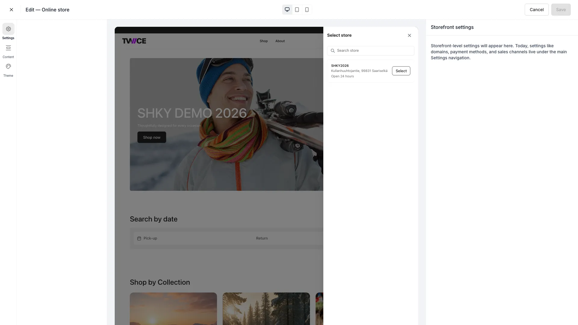 Settings panel in the theme editor