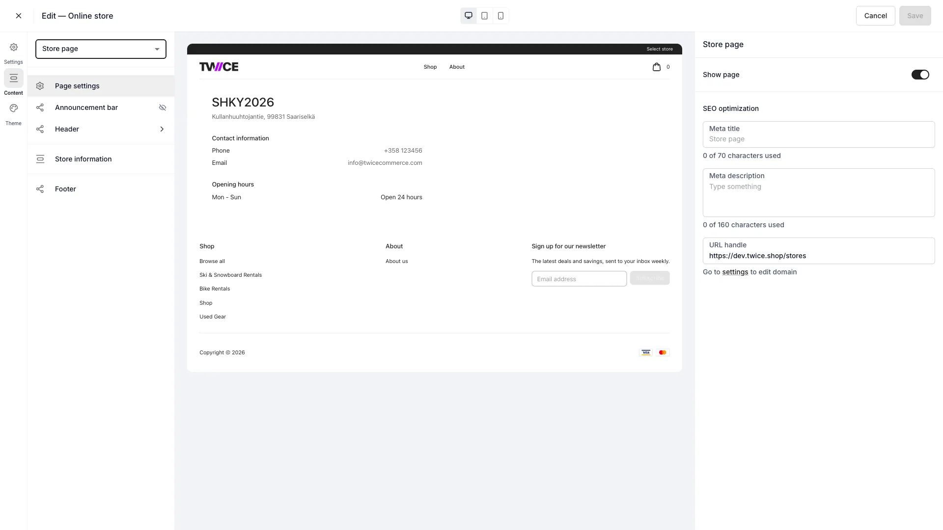 Store page template in the theme editor