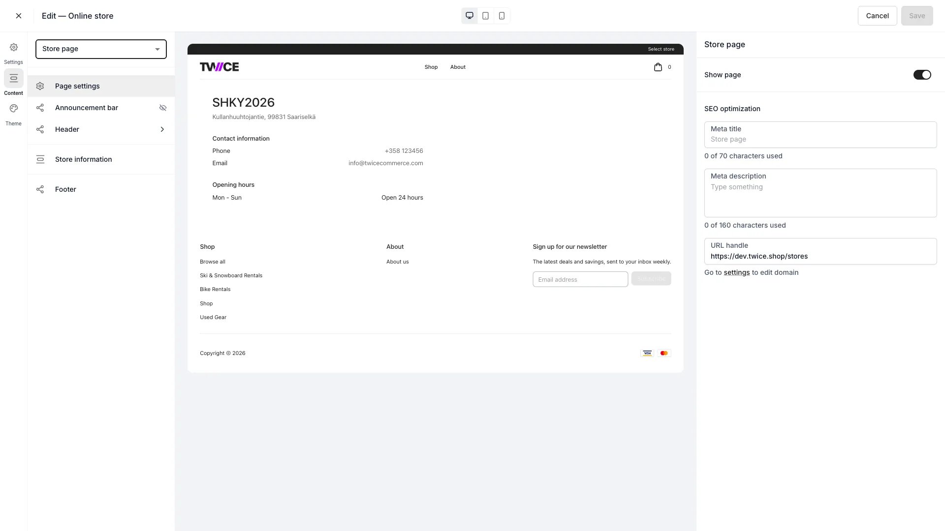 Store page template in the theme editor