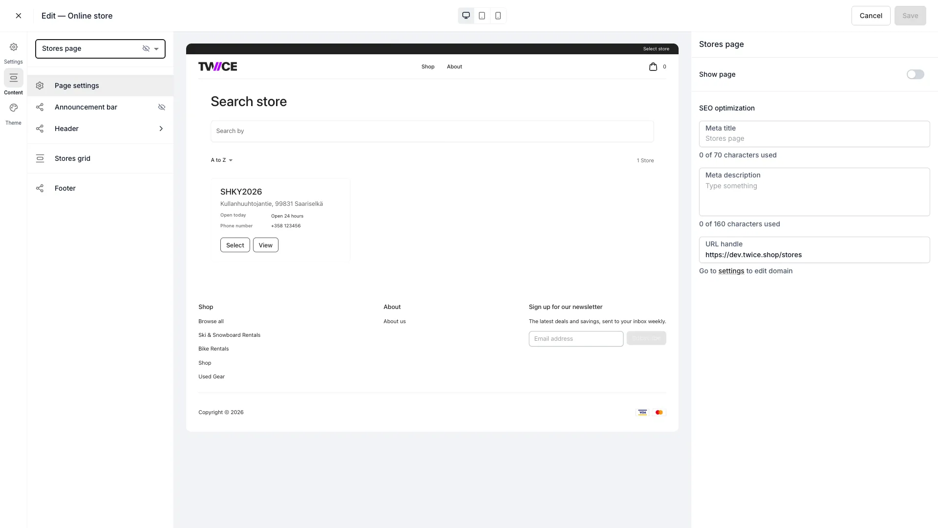 Stores page template in the theme editor