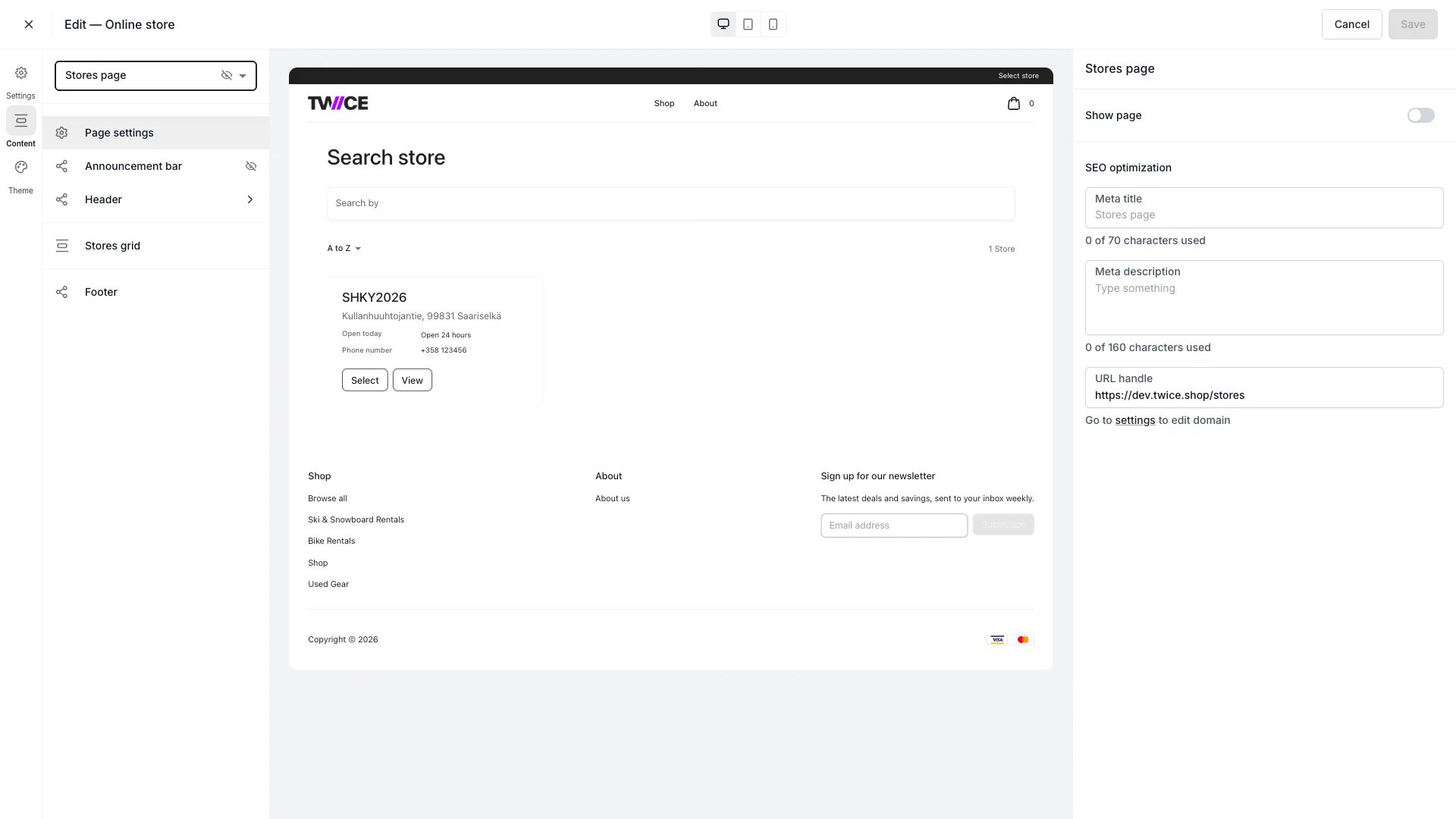 Stores page template in the theme editor