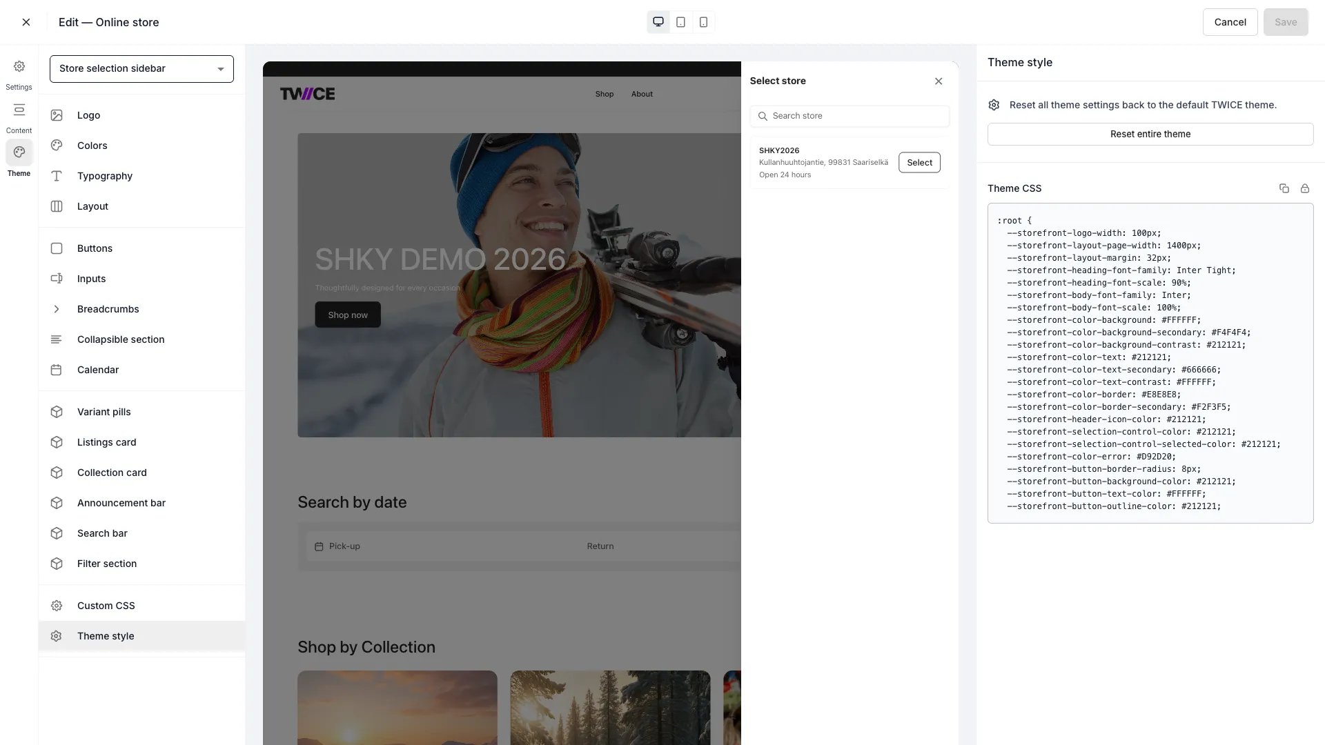 Theme style settings panel in the theme editor