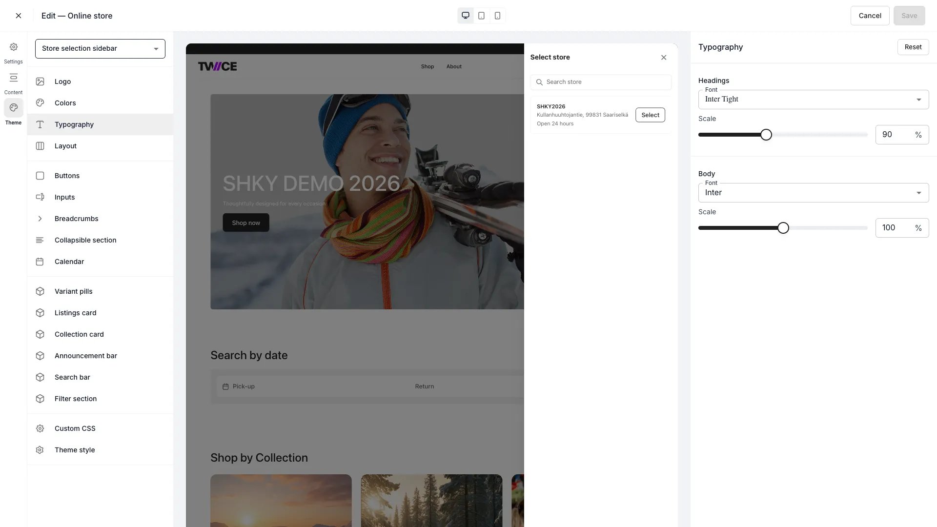 Typography settings panel in the theme editor