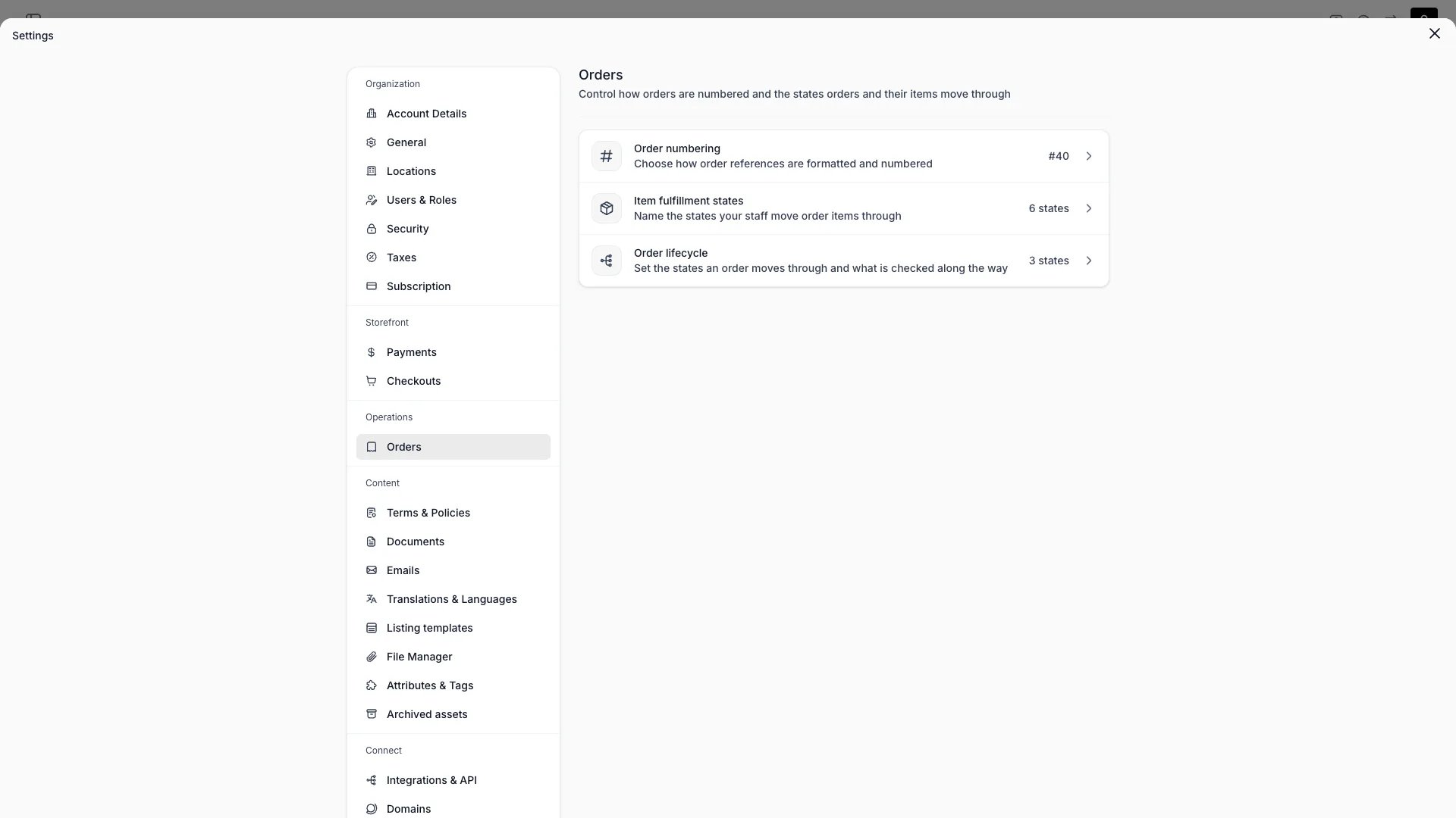 Orders settings index with three rows: Order numbering, Item fulfillment states, and Order lifecycle, each with its summary