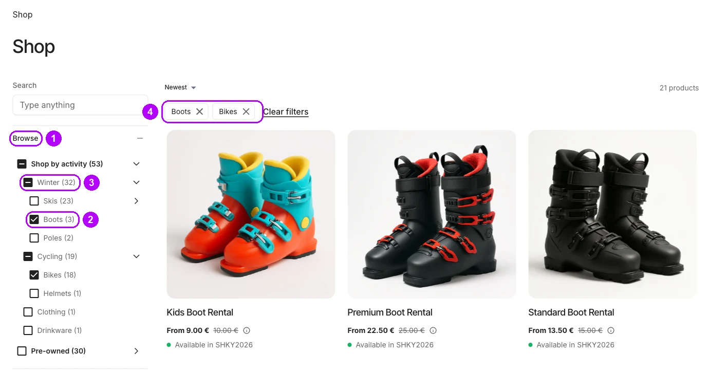 Přehled obchodu se Stromem s checkboxy v sekci Procházet. Boots a Bikes jsou zaškrtnuté, řádek Winter má pomlčku a nad mřížkou jsou dva štítky