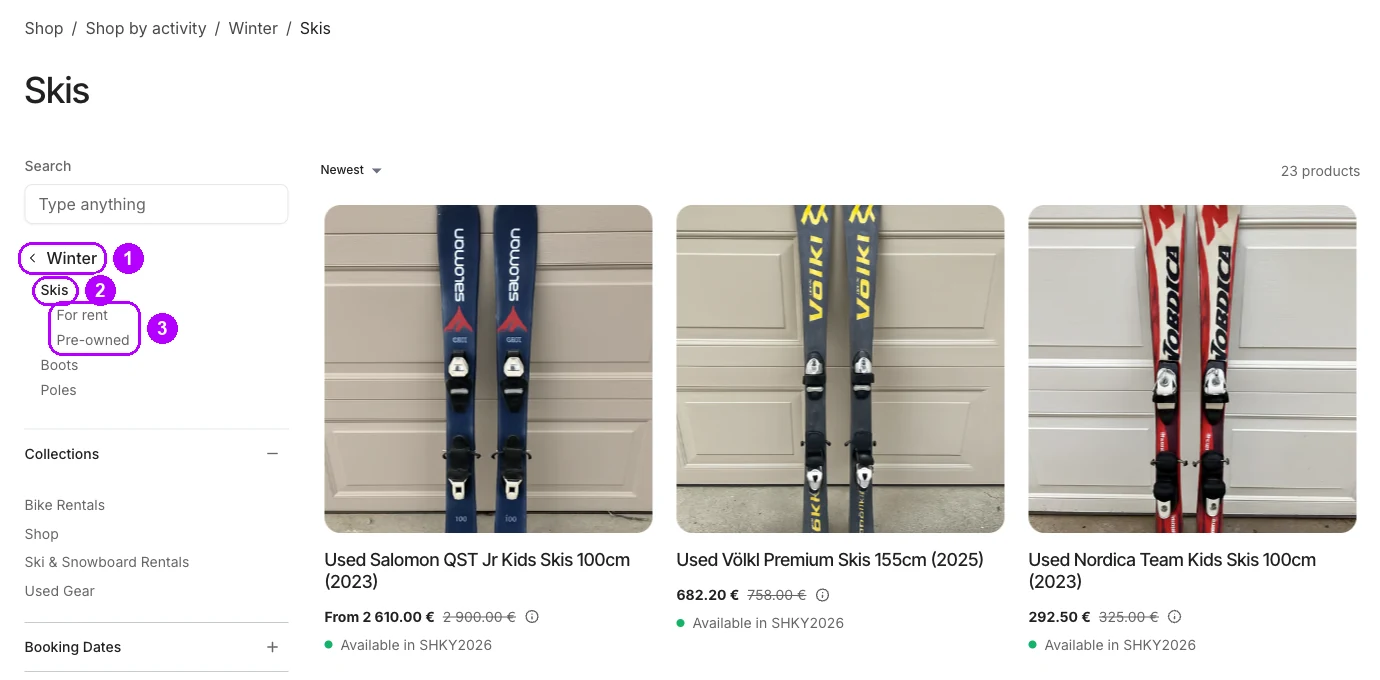 Stránka Skis se Zaměřeným menu v postranním panelu. Zvýrazněné jsou odkaz zpět na Winter, aktuální skupina Skis a její skupiny For rent a Pre-owned