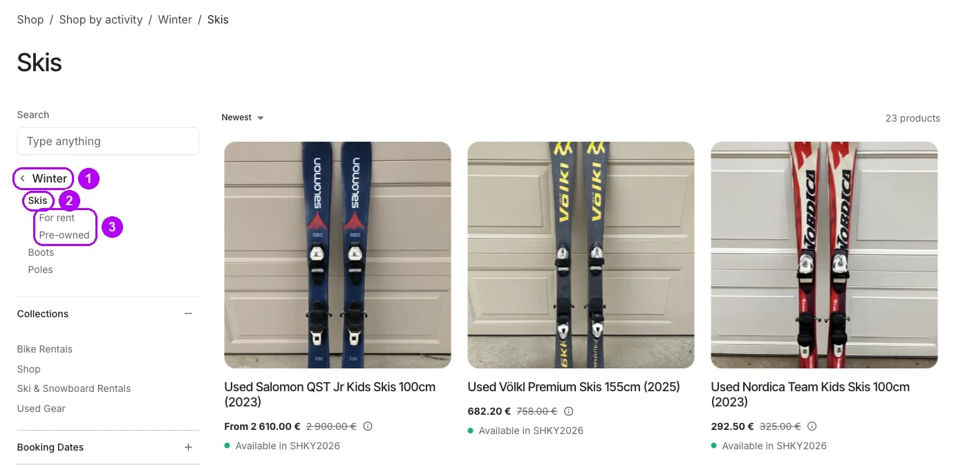 Stránka Skis se Zaměřeným menu v postranním panelu. Zvýrazněné jsou odkaz zpět na Winter, aktuální skupina Skis a její skupiny For rent a Pre-owned
