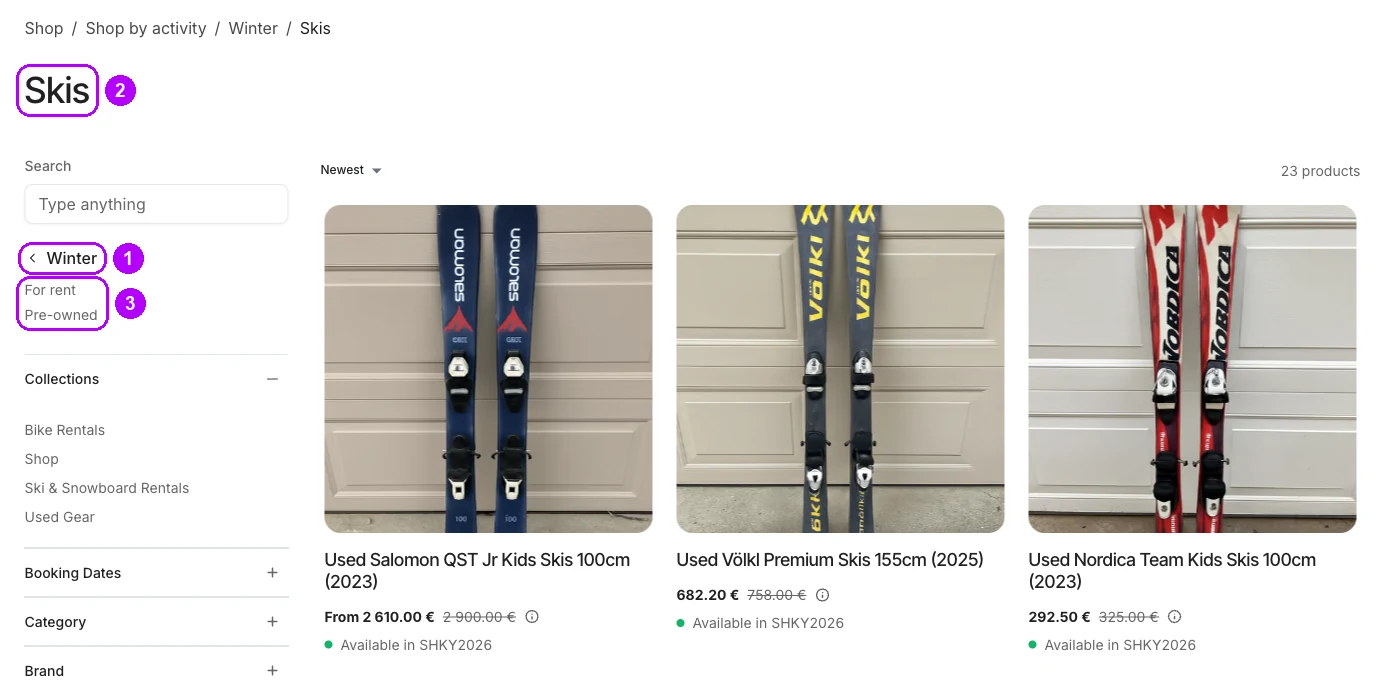 Stránka Skis s Menu po krocích v postranním panelu. Zvýrazněné jsou odkaz zpět na Winter, nadpis stránky Skis a skupiny For rent a Pre-owned
