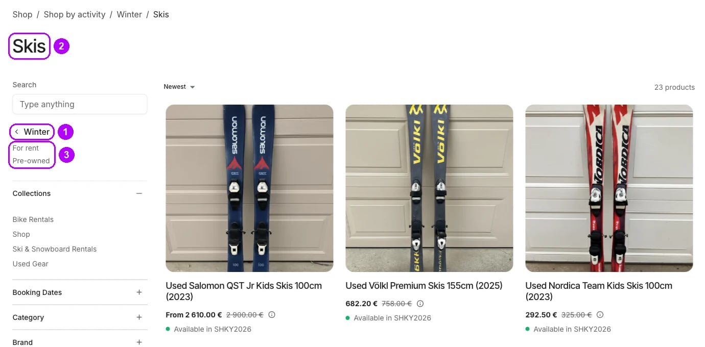 Stránka Skis s Menu po krocích v postranním panelu. Zvýrazněné jsou odkaz zpět na Winter, nadpis stránky Skis a skupiny For rent a Pre-owned