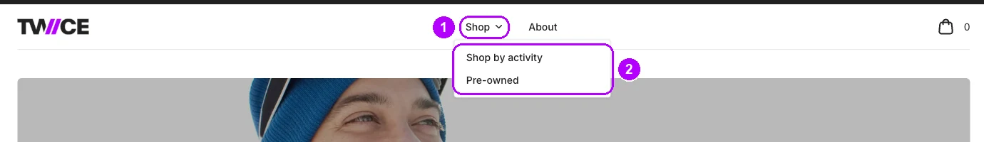 The Shop dropdown open, listing the tree names Shop by activity and Pre-owned