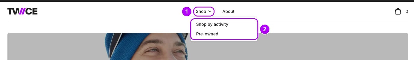 The Shop dropdown open, listing the tree names Shop by activity and Pre-owned