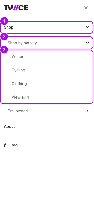The menu drawer on a phone, with the Shop row, the opened tree row Shop by activity and its indented groups highlighted