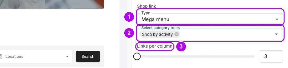 The Shop link settings under Header, with Type set to Mega menu, one tree in Select category trees, and Links per column highlighted