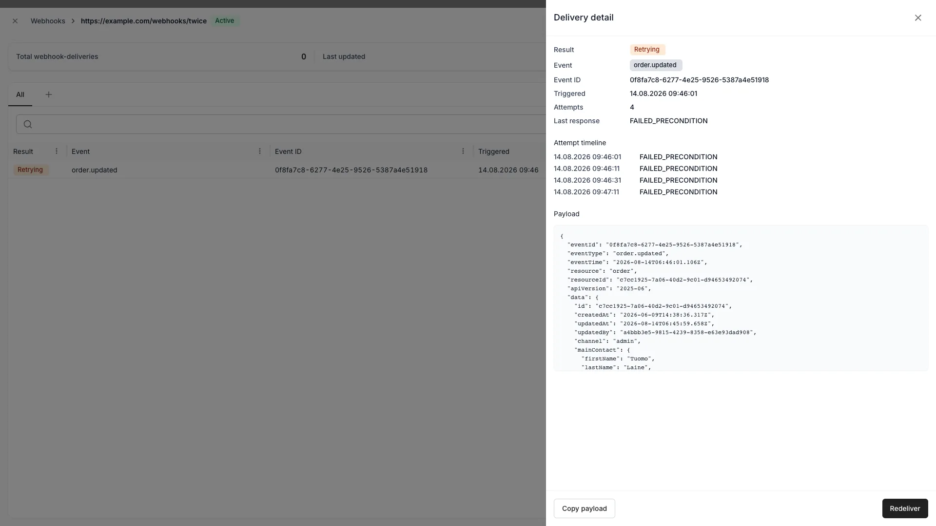 Delivery log with the delivery detail drawer open showing the attempt timeline and payload