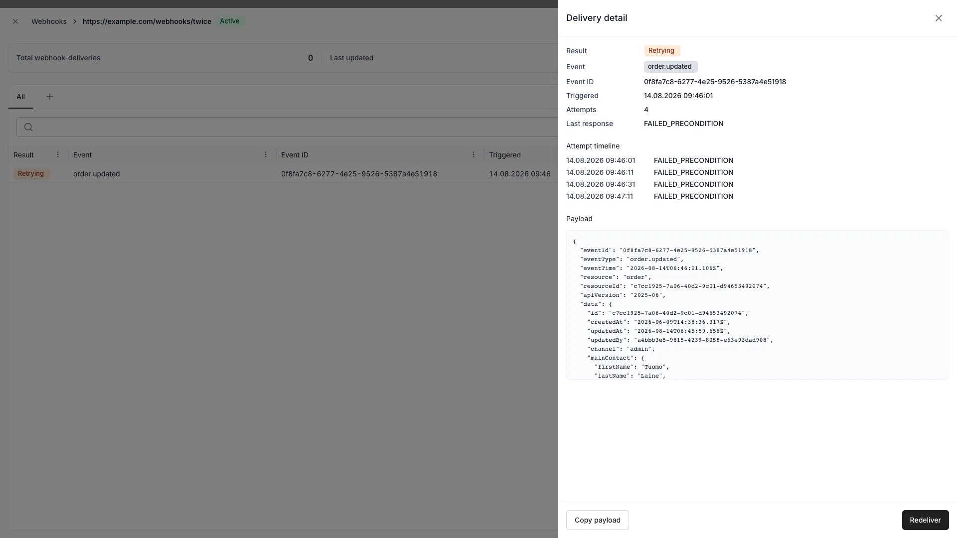 Delivery log with the delivery detail drawer open showing the attempt timeline and payload