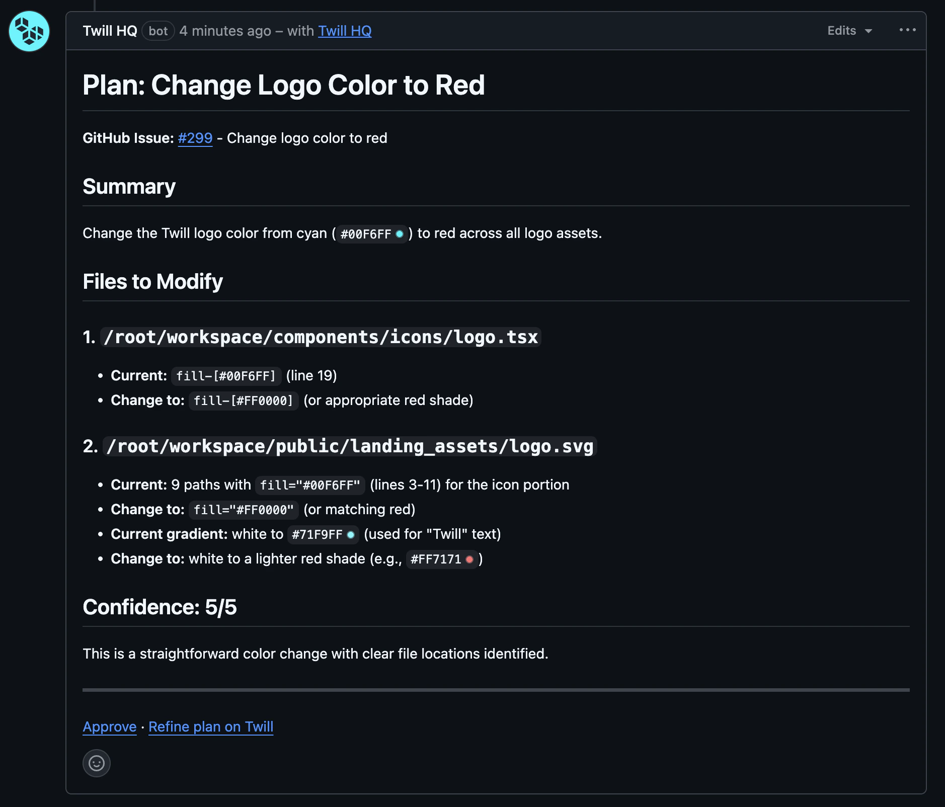Twill posting an implementation plan as a GitHub comment