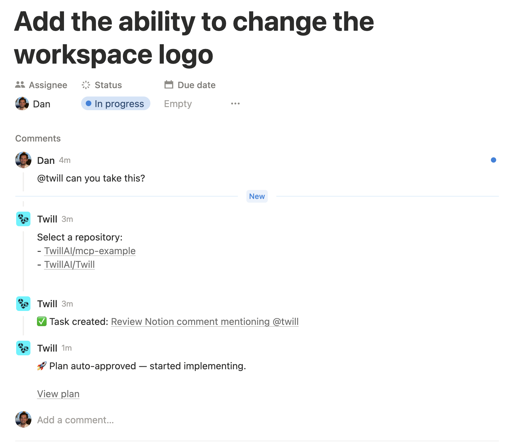 Twill responding to a Notion comment with an implementation plan