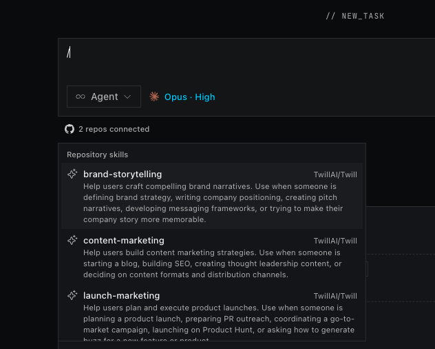 The task composer slash menu listing repository skills from a connected repo, each with its name, description, and source repository