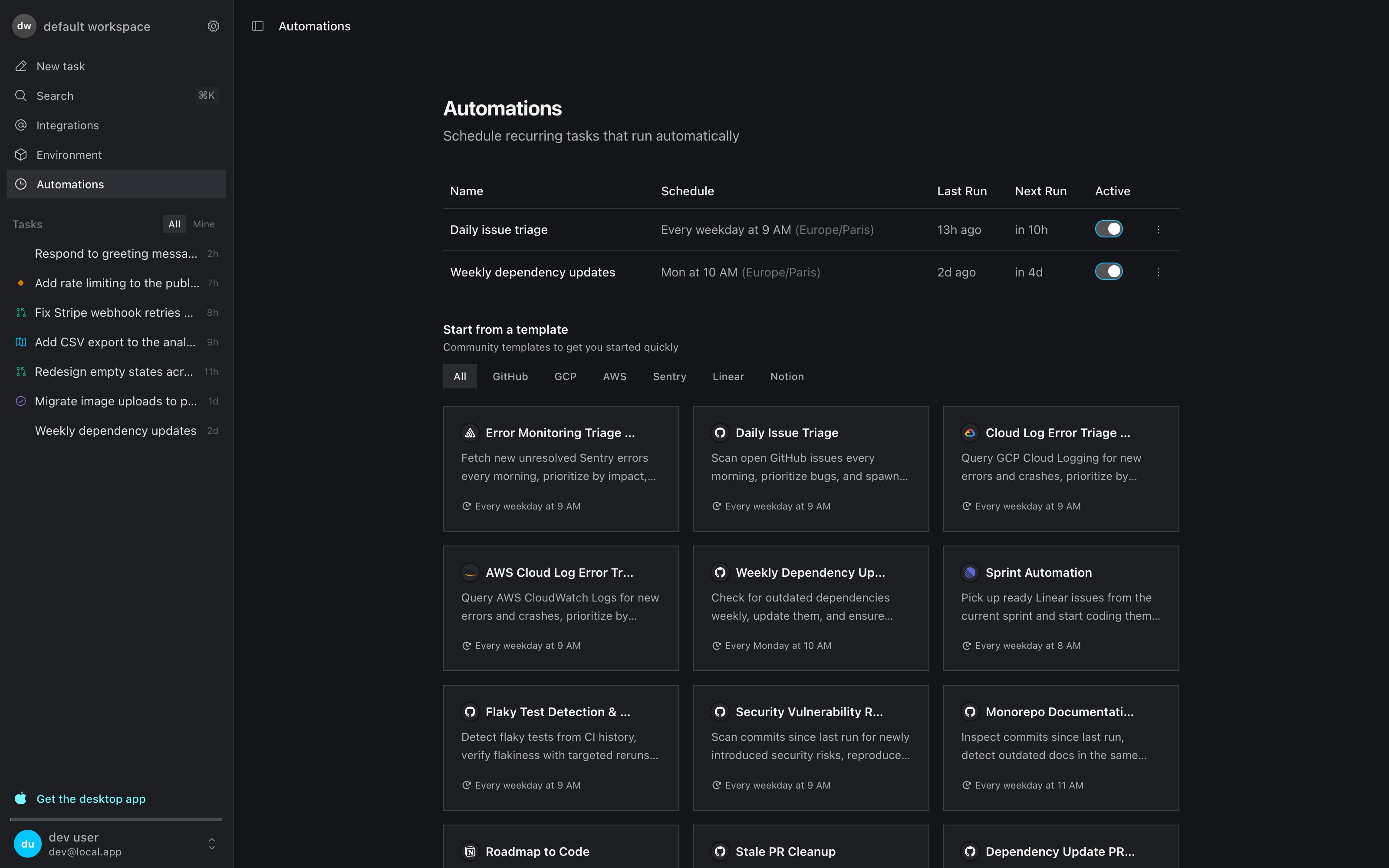 The Automations page with scheduled tasks and templates