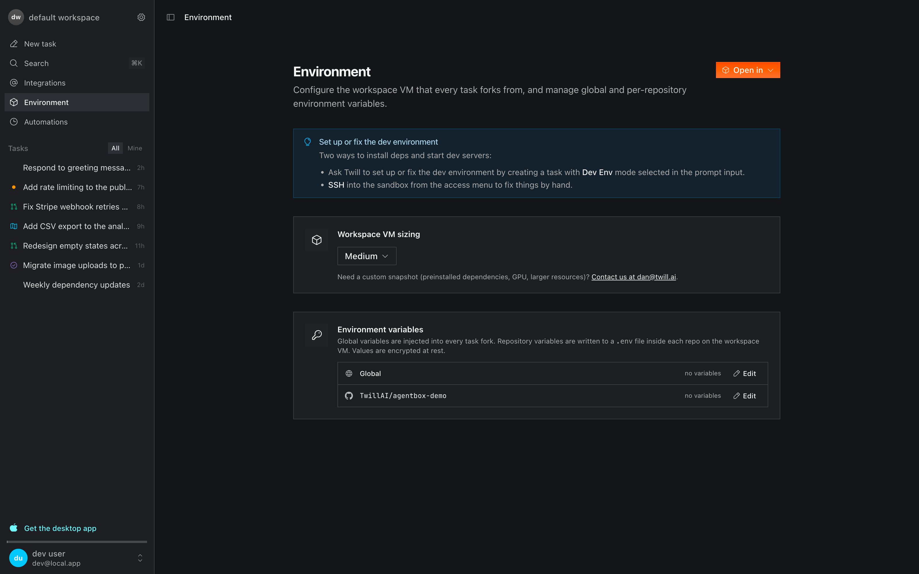 The Environment page: workspace VM sizing and environment variables
