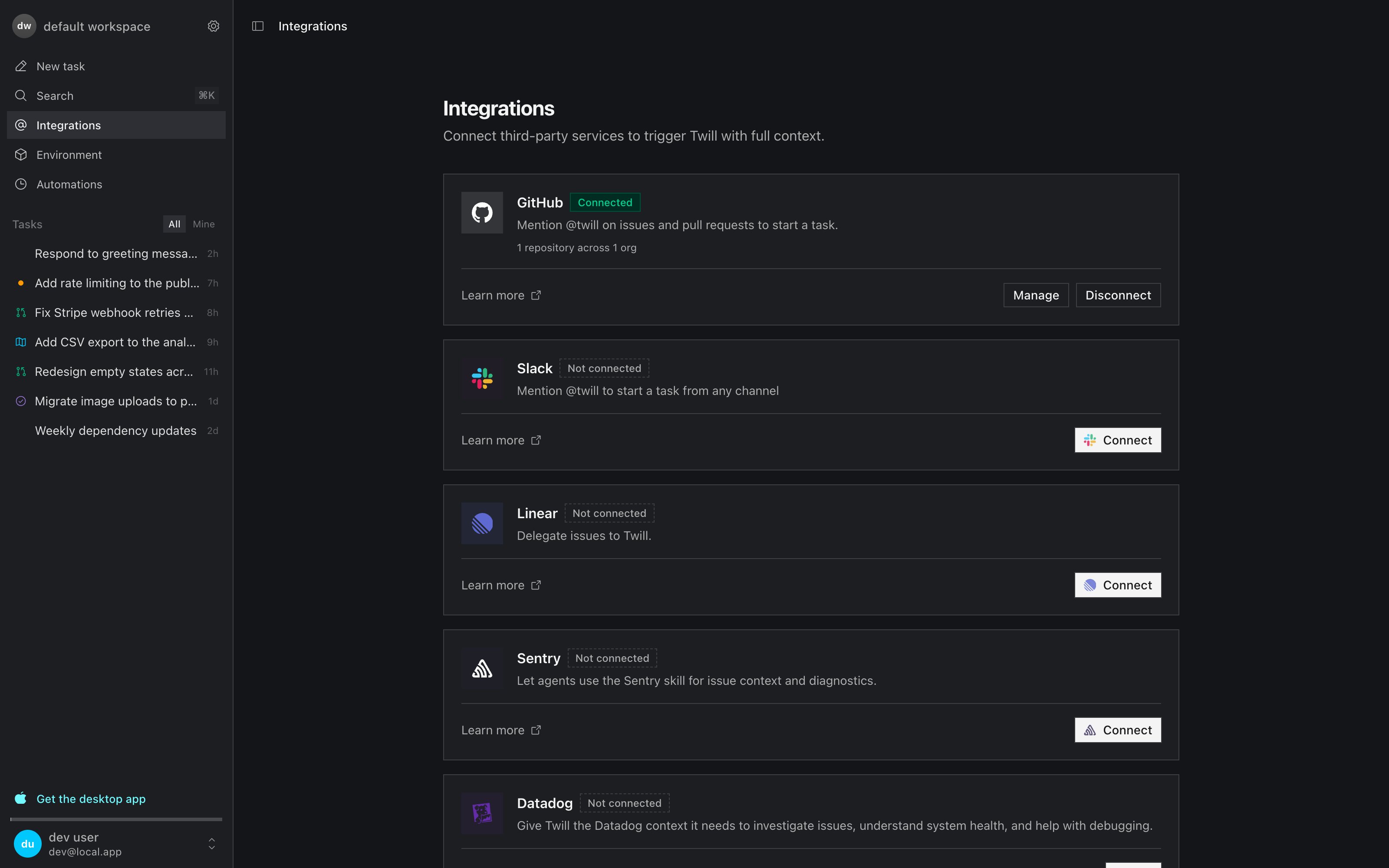 The Integrations page with GitHub connected and other services available