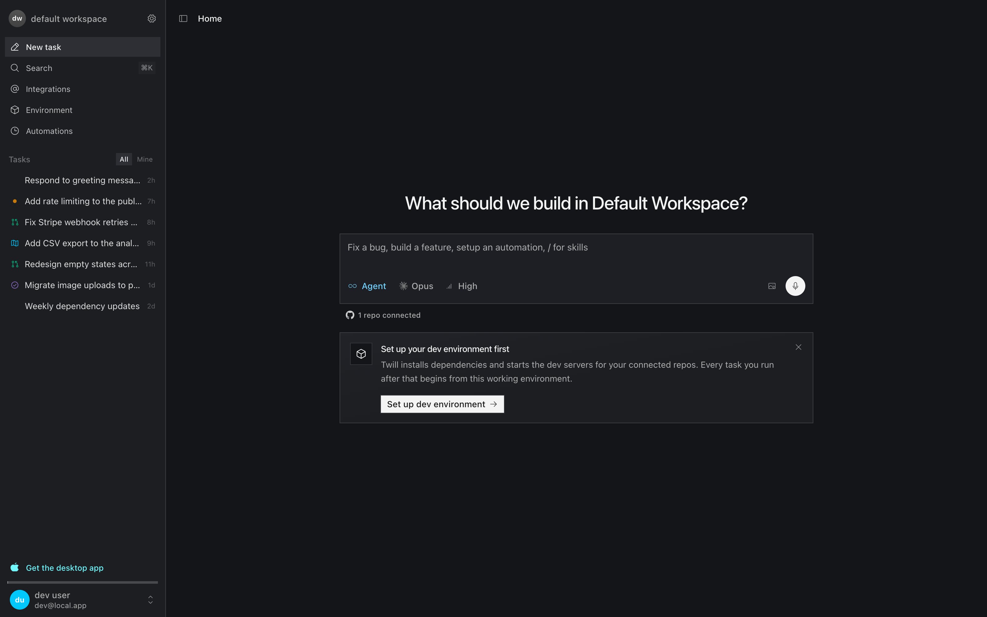 Twill home screen with the task composer and recent tasks
