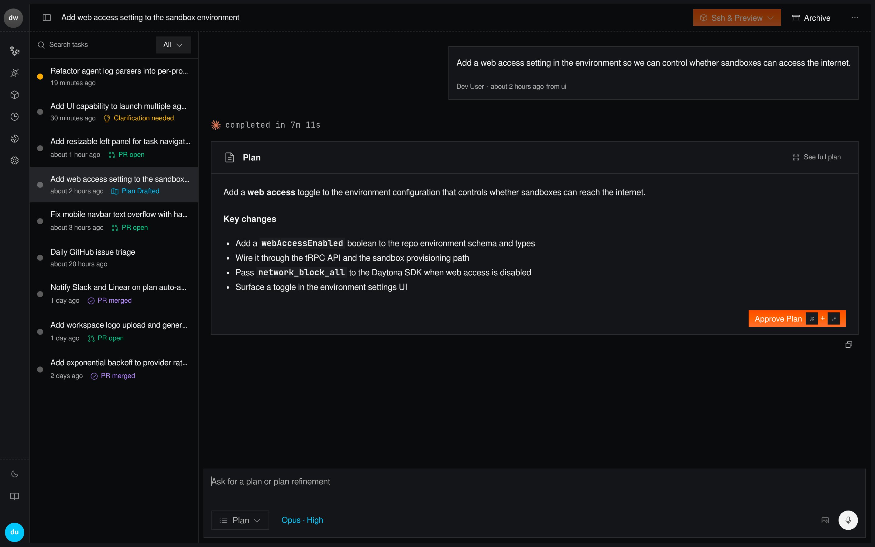 Twill planning interface showing an implementation plan