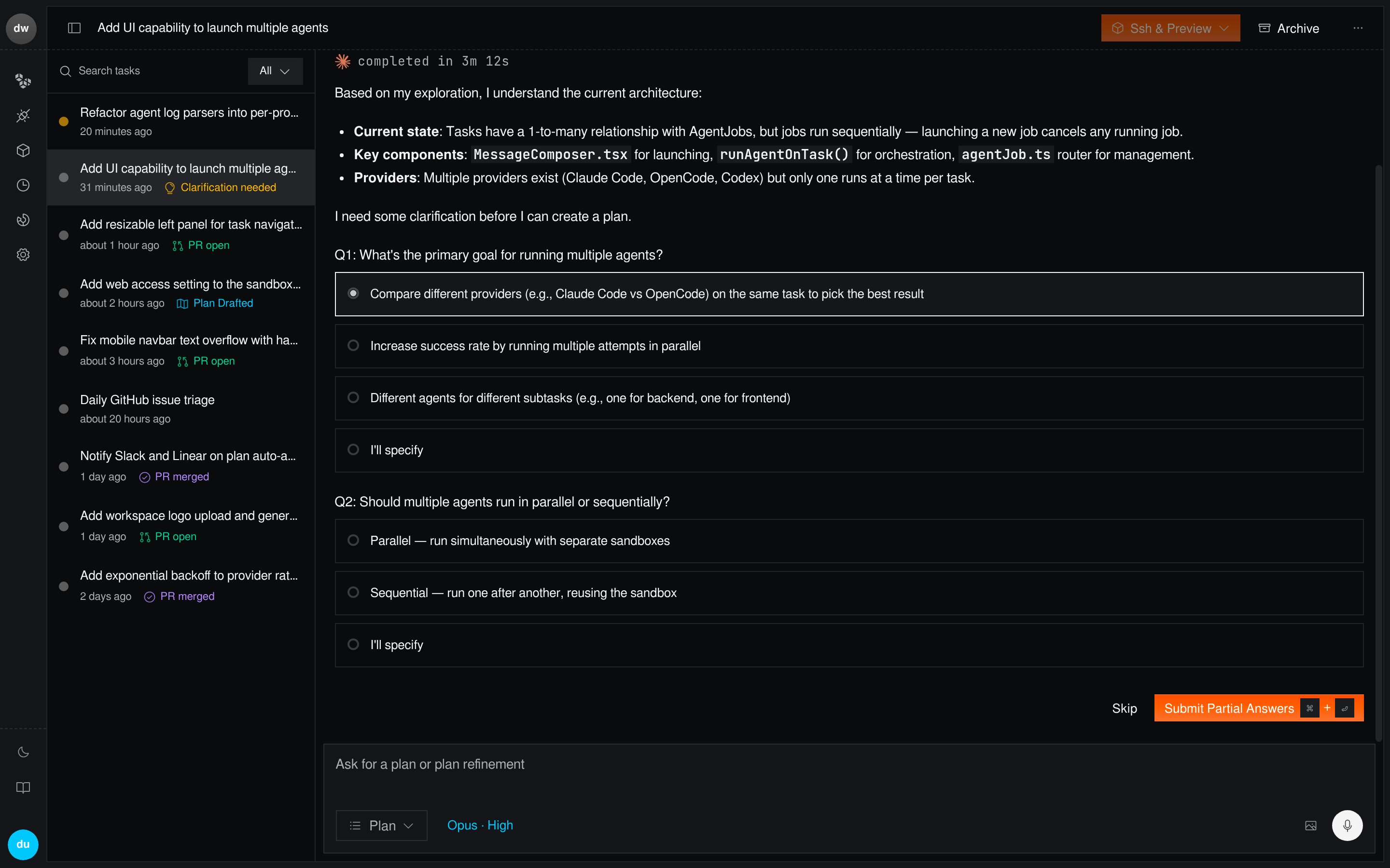 Twill asking clarifying questions in the web app