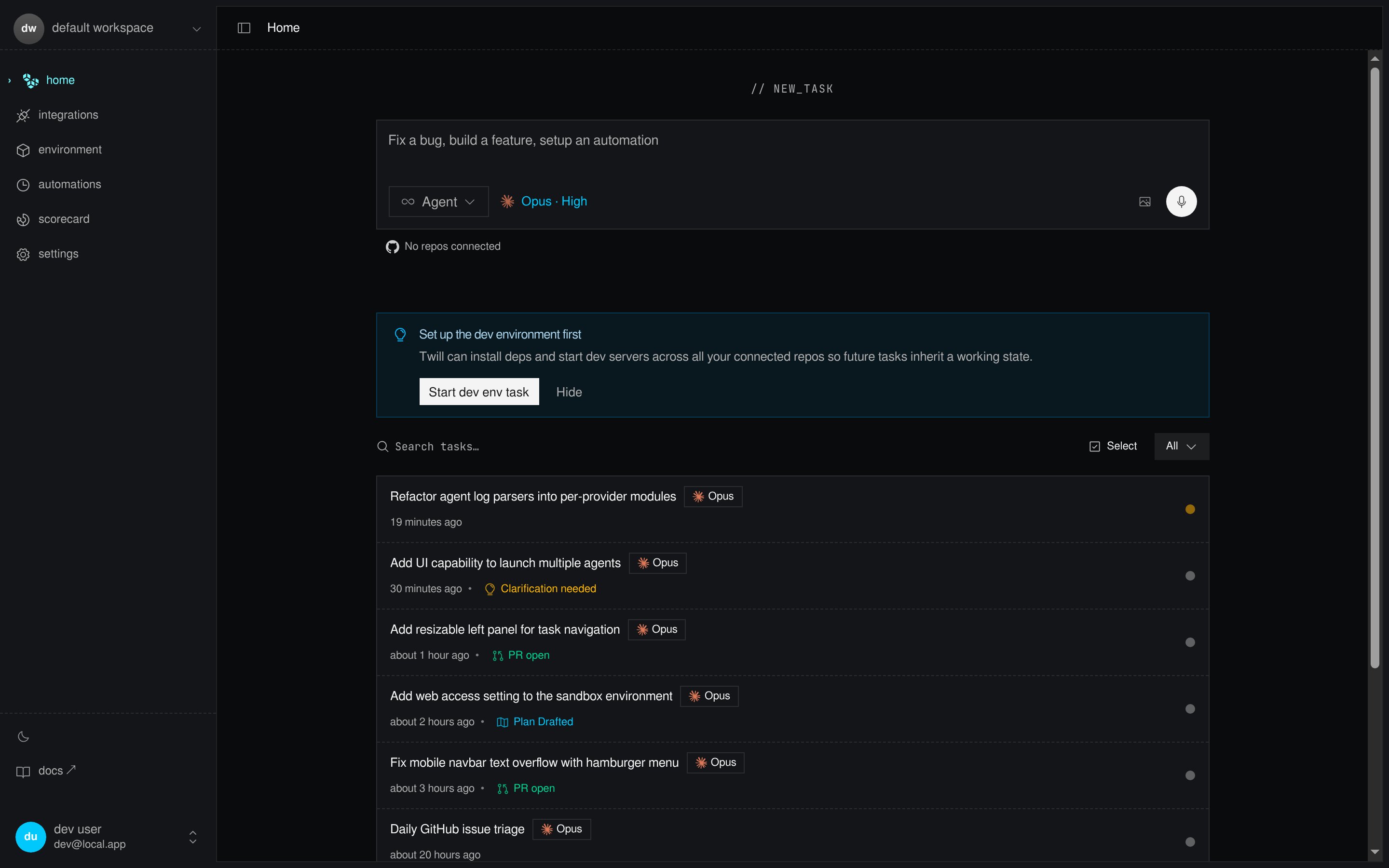 Twill dashboard showing task input and recent tasks