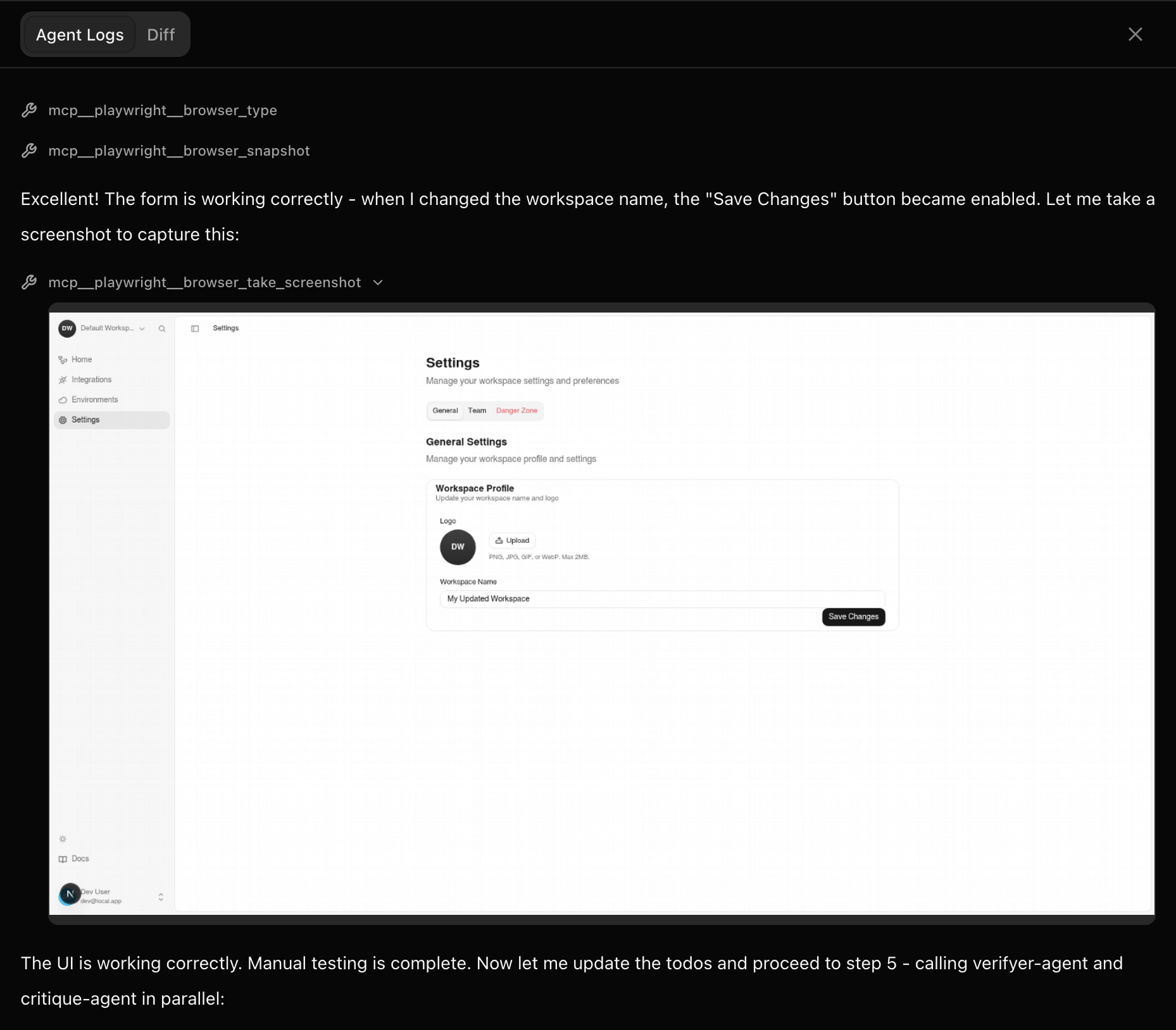 Agent logs showing verification steps and screenshots
