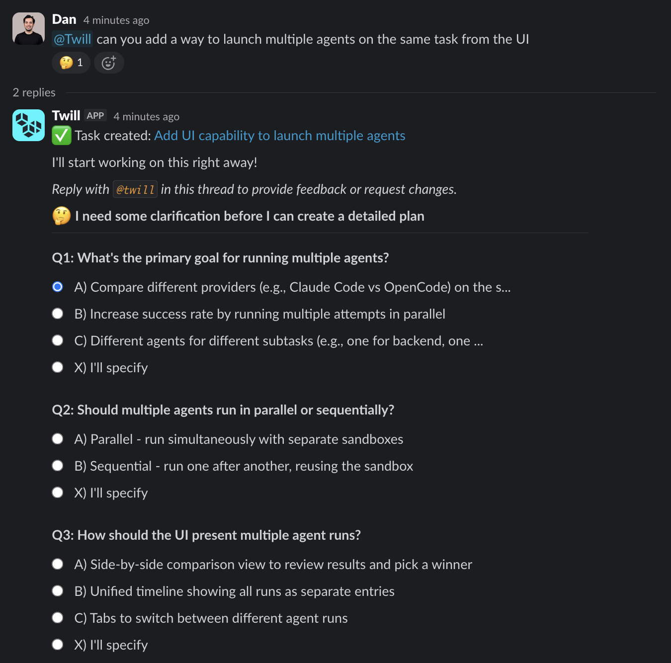 Twill asking clarifying questions in Slack