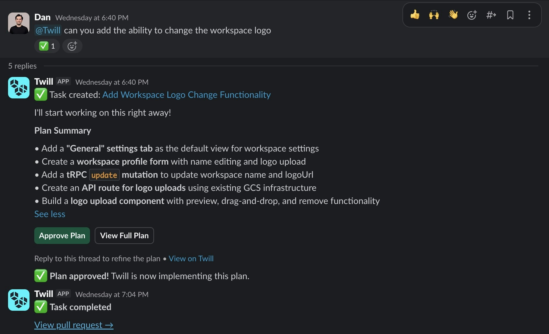 Twill responding to a Slack mention with repo selection