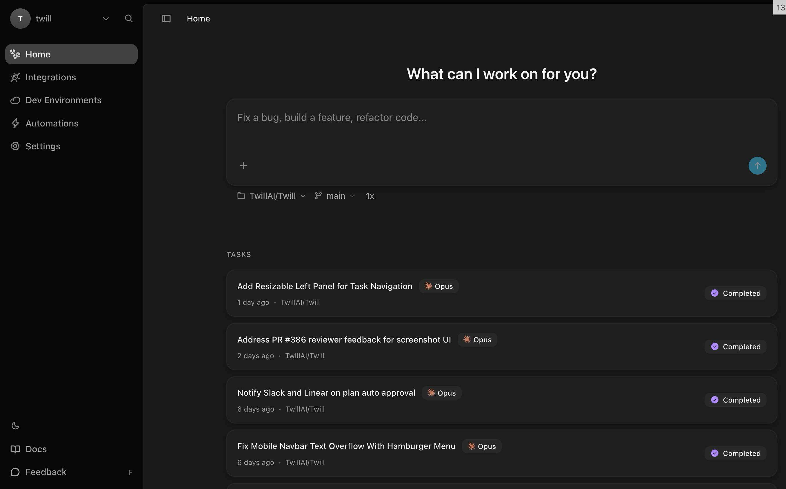 Twill dashboard showing task input and recent tasks