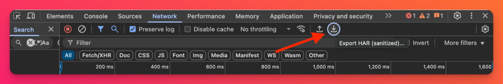The Export HAR (sanitized) button in the Network toolbar