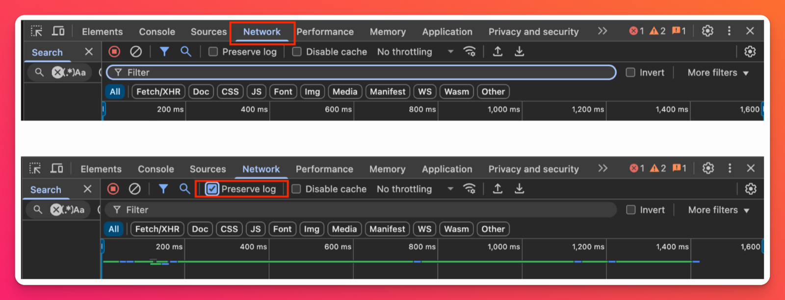 The Network tab selected, then Preserve log checked