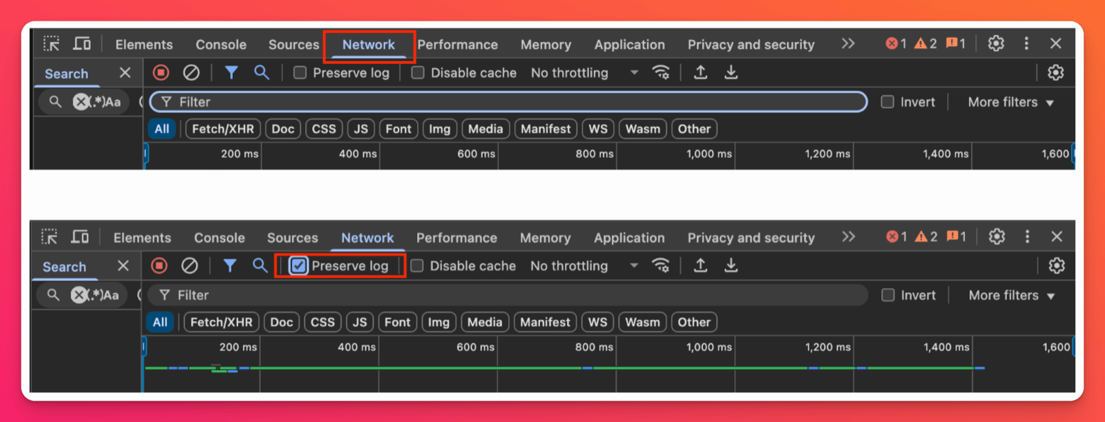 The Network tab selected, then Preserve log checked