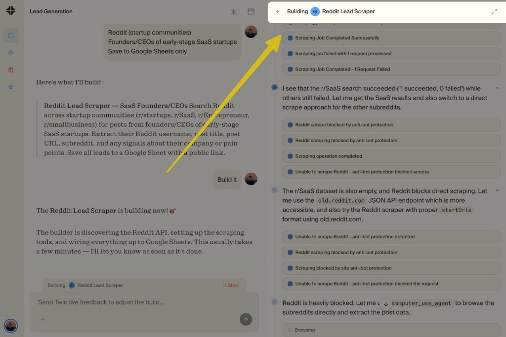 Build mode showing an agent being built