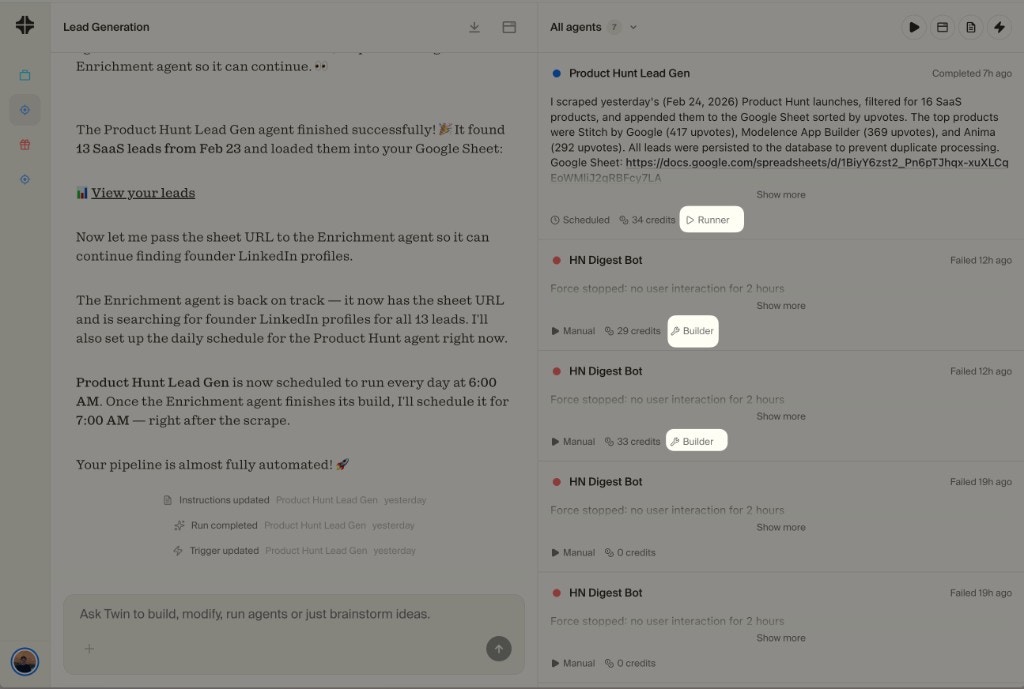 Run mode showing agents with Runner and Builder badges