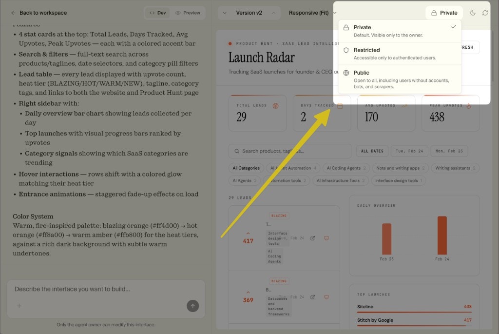 Publishing options for interfaces