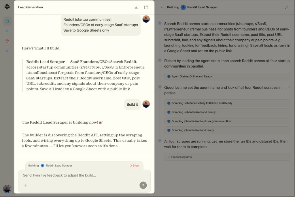 The Orchestrator (left) managing a workspace while an agent builds on the right