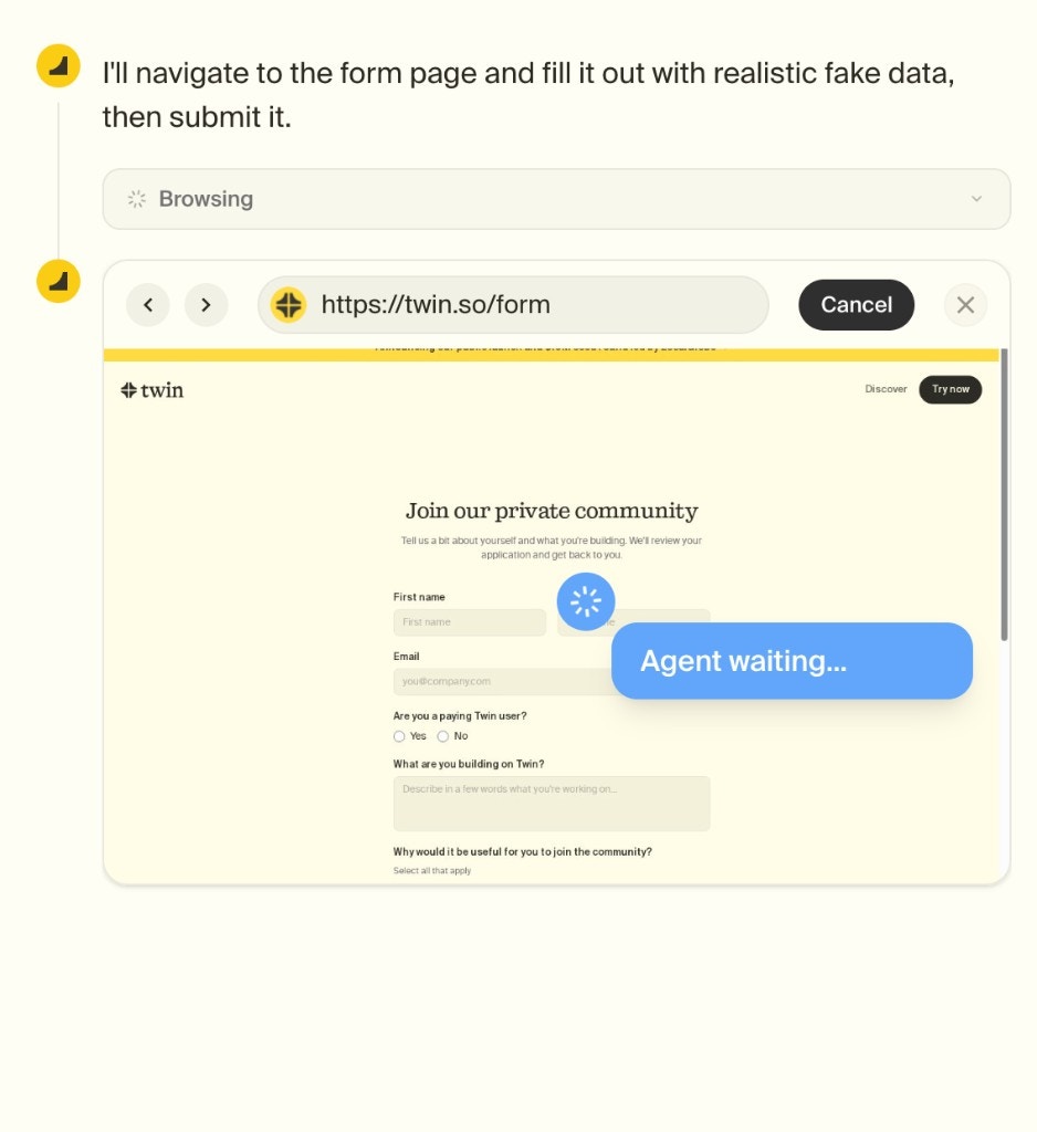 Web Agent browser window showing form interaction