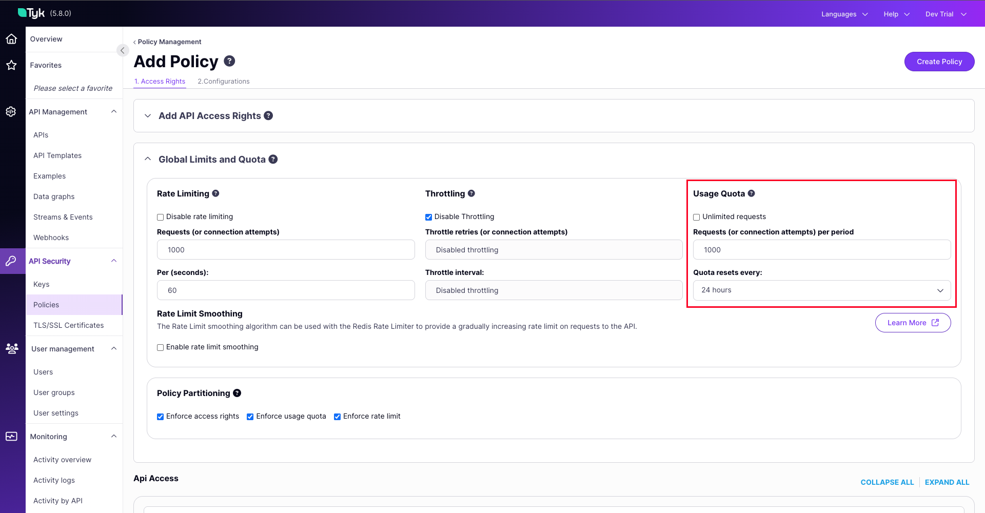 policy with request quota configured