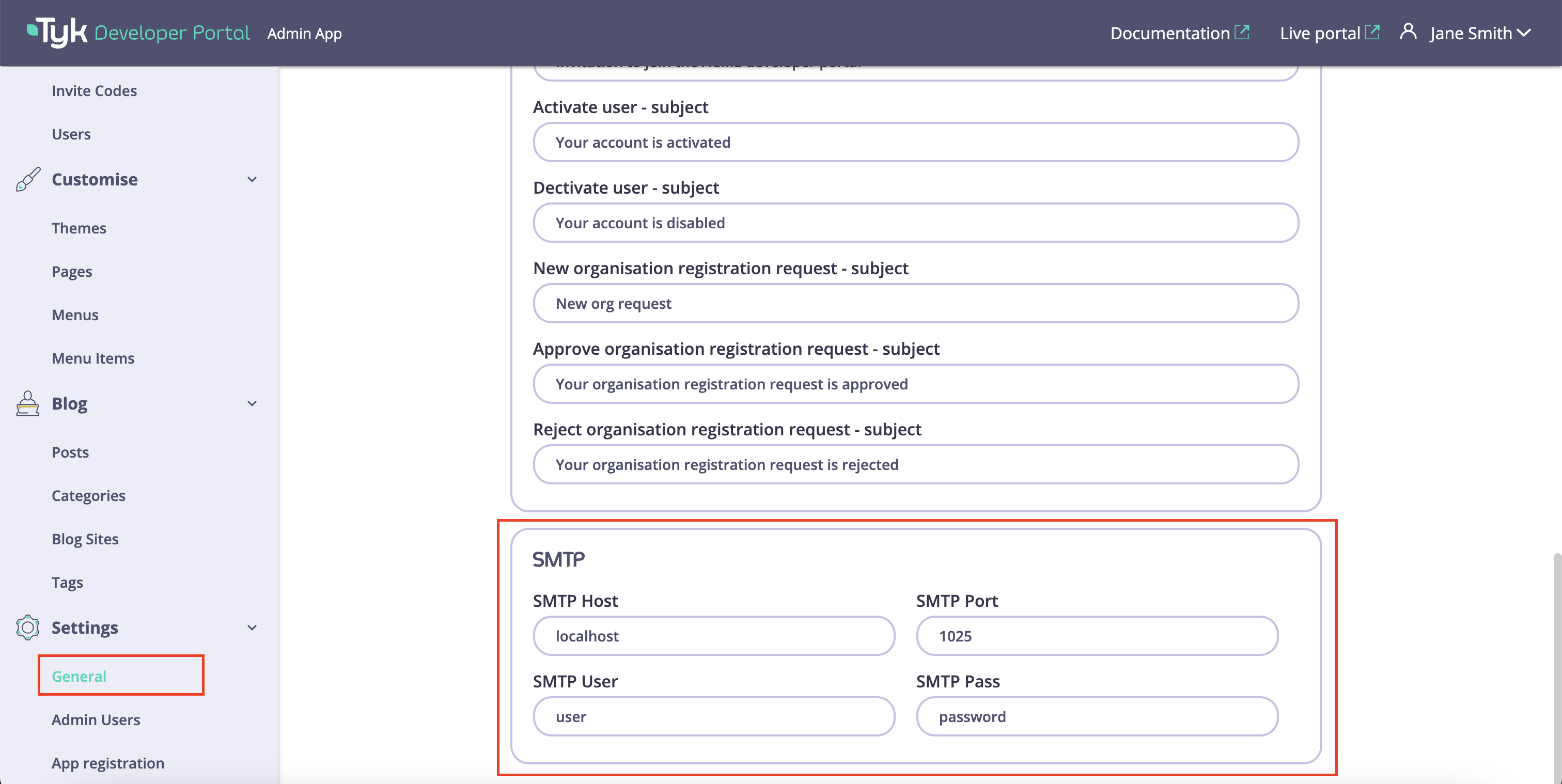 SMTP settings