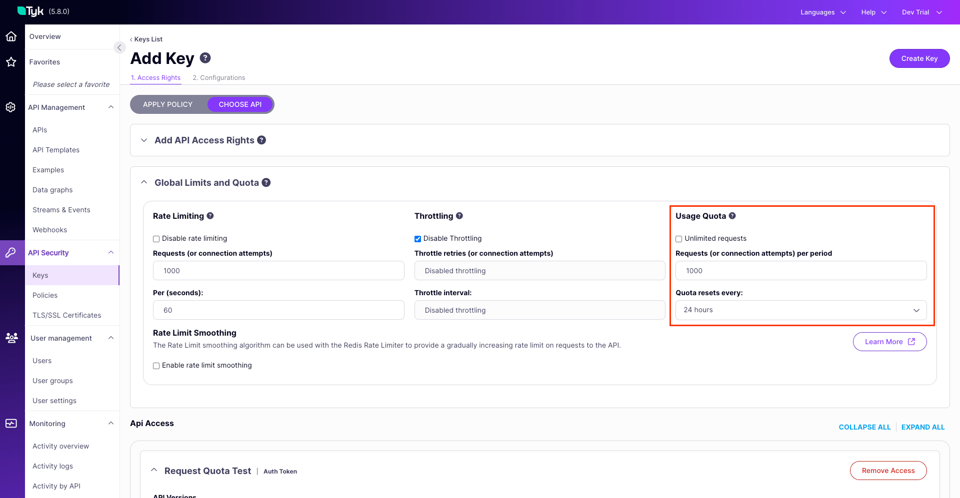 policy with request quota configured