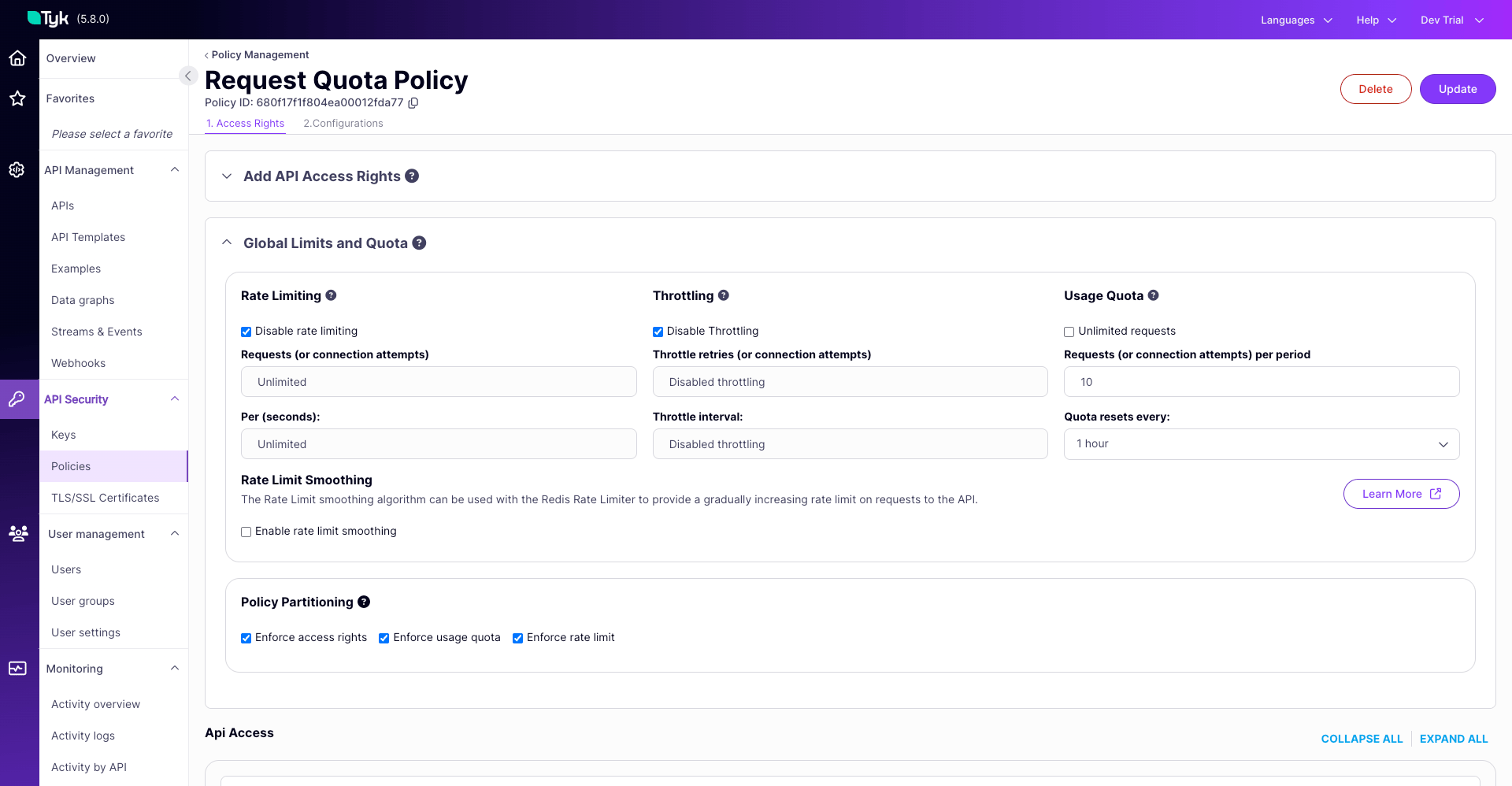 policy with request quota configured