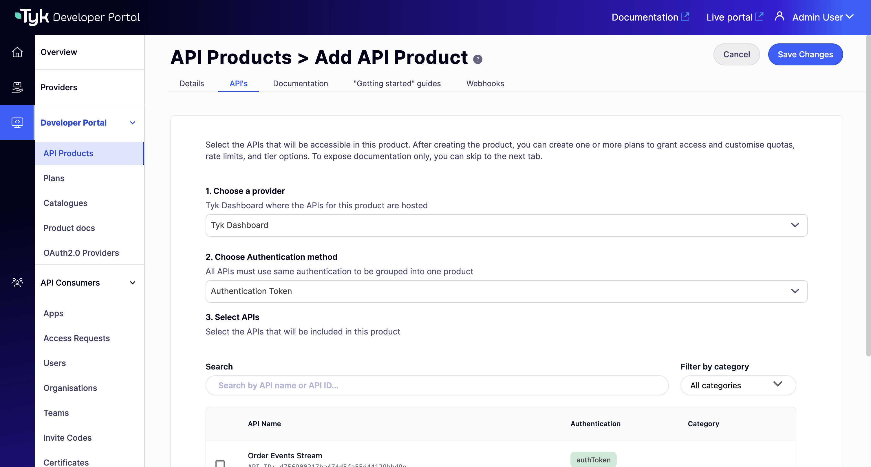 APIs tab on the Add API Product page, showing the default empty state with no APIs selected and the inline note to skip this tab for documentation-only products