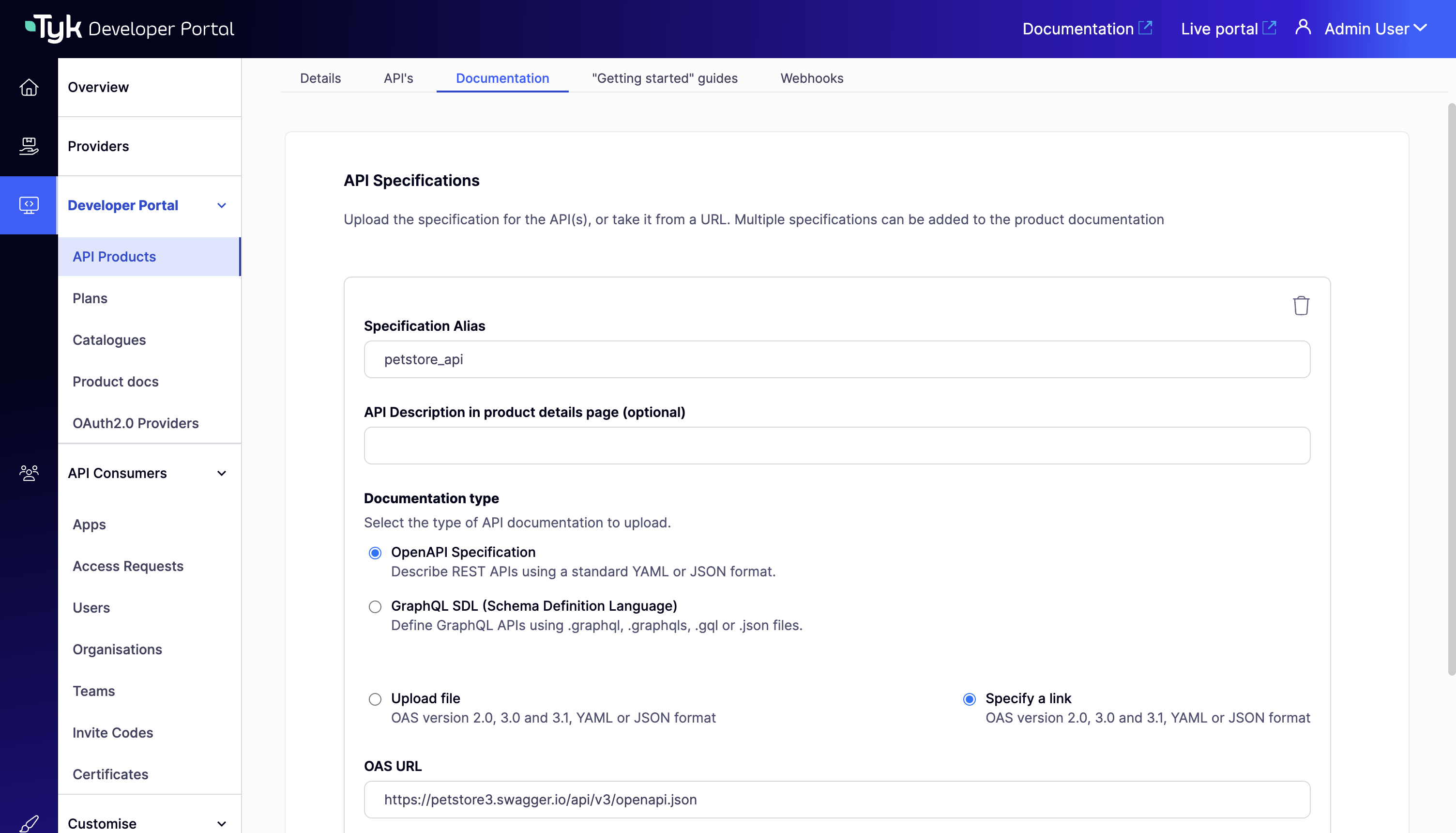 Documentation tab showing an uploaded OpenAPI specification with the Specification Alias field filled in