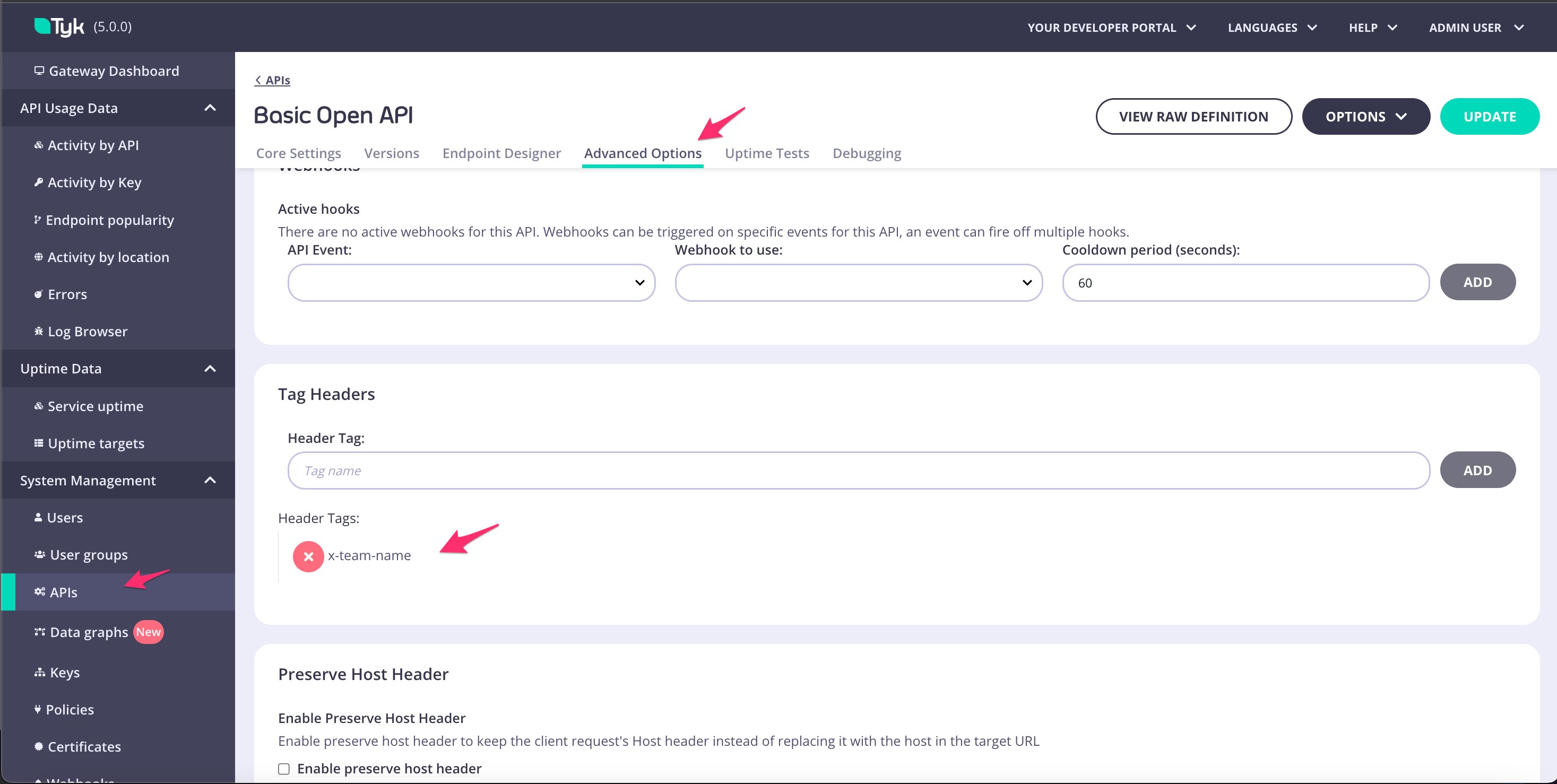 Tag Headers option in the Tyk Classic API Designer