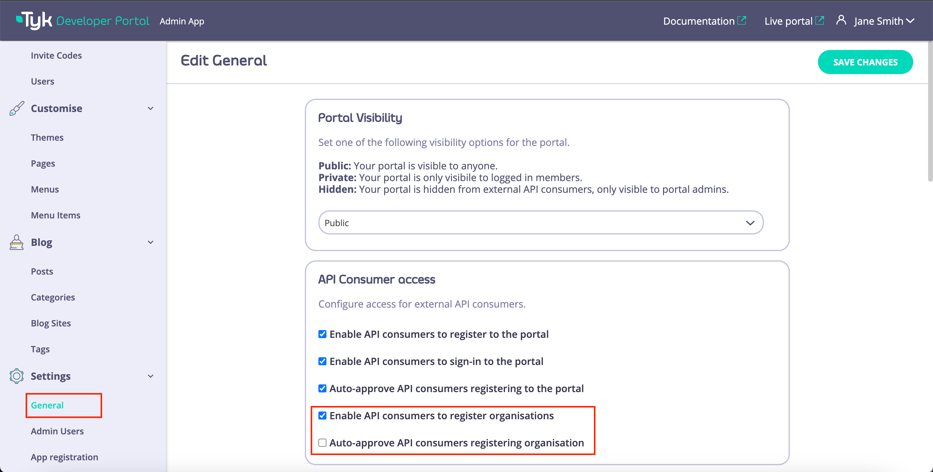 Organisation registration settings