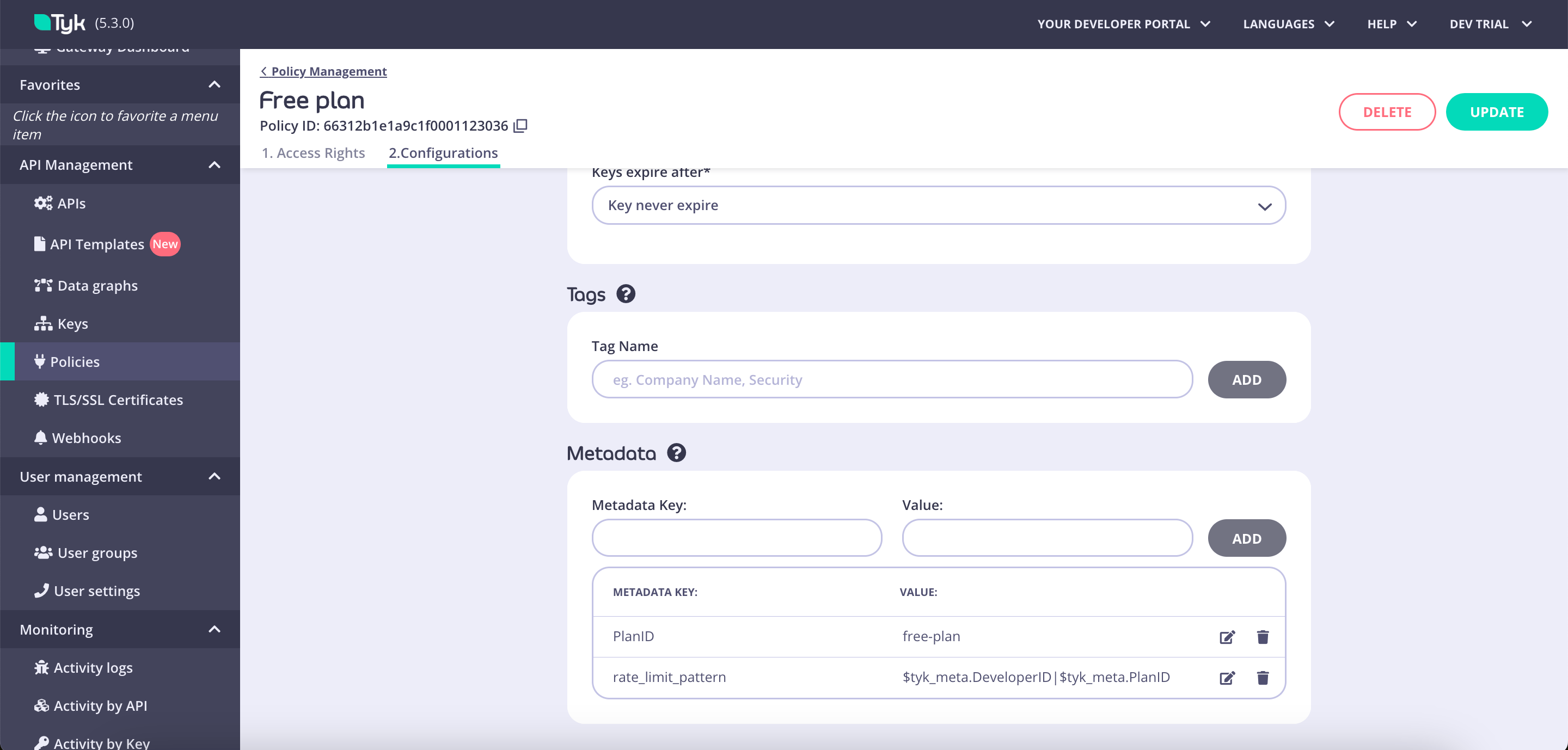 Configuring custom rate limit keys